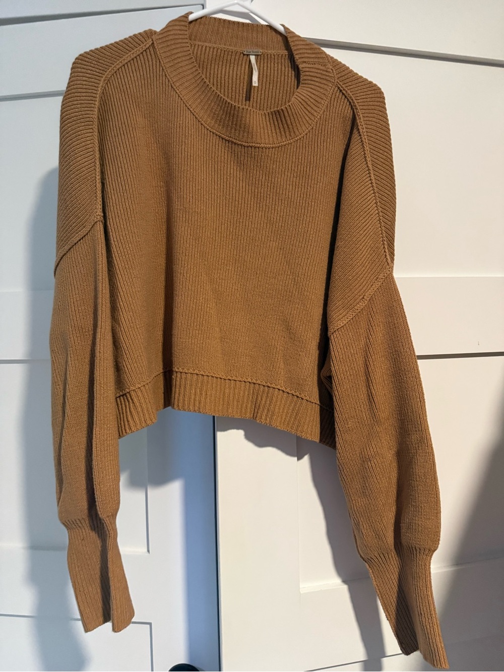 Free People Cropped Crewneck Sweater in Camel Brown